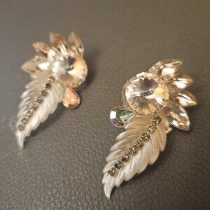 WHITE PIERCED EARRINGS, HANDMADE USING CRYSTALS AND RHINESTONES